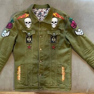 Embroidered Olive Green Jacket with Skull Patches